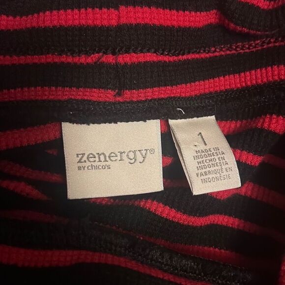 Chicos Red & Black Striped Knit Top Funnel Neck Long Sleeve - Picture 3 of 6